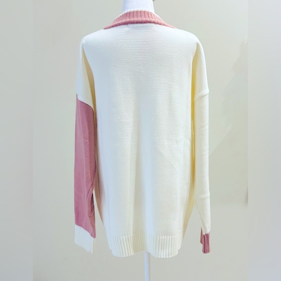 BLONDNINE Unisex Cream and Pink Long Sleeve V-neck Sweater Size XL EUC - Picture 3 of 8
